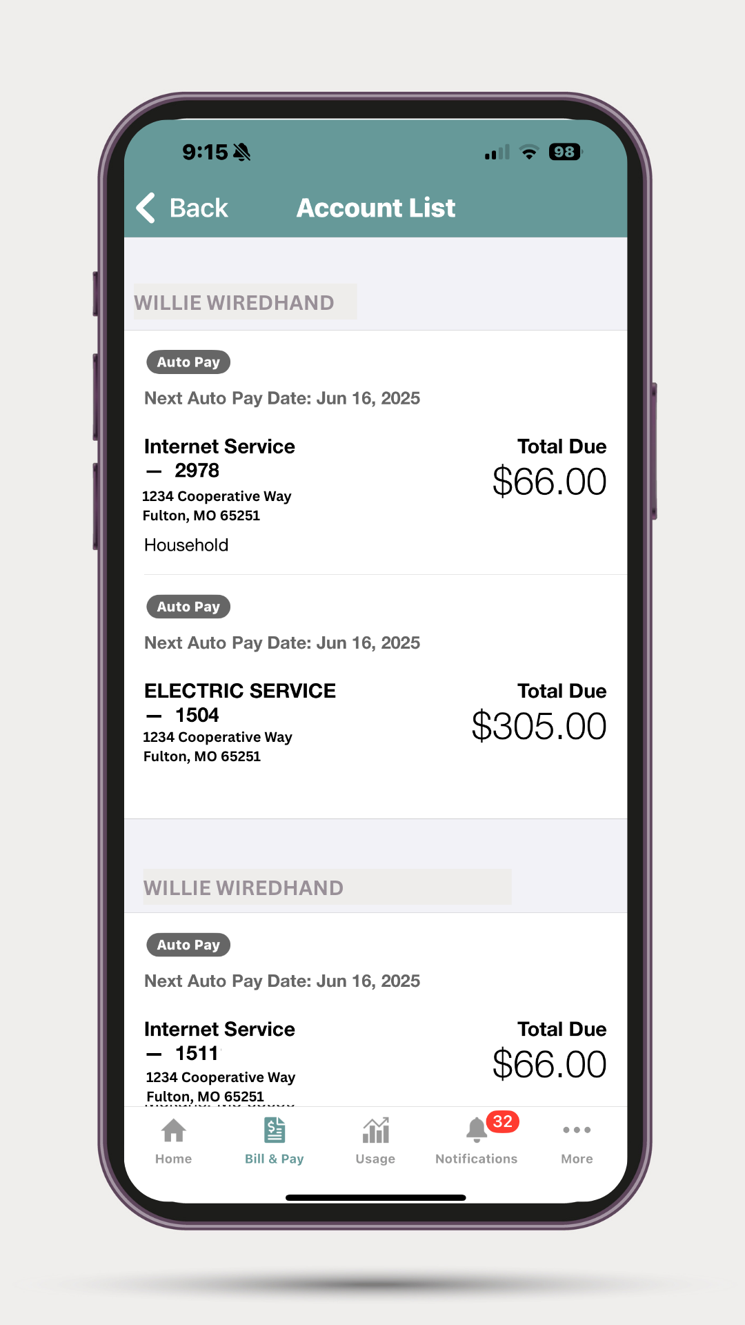 SmartHub Billing Screen